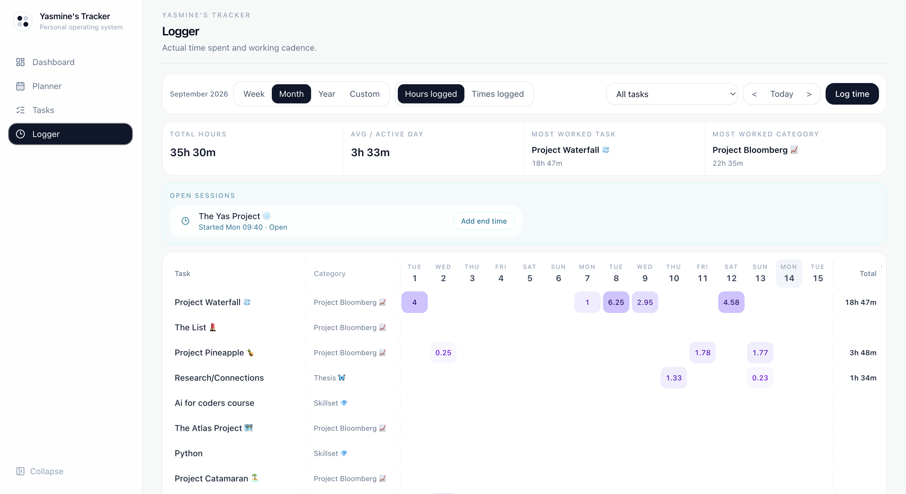 Task Tracker time logging interface