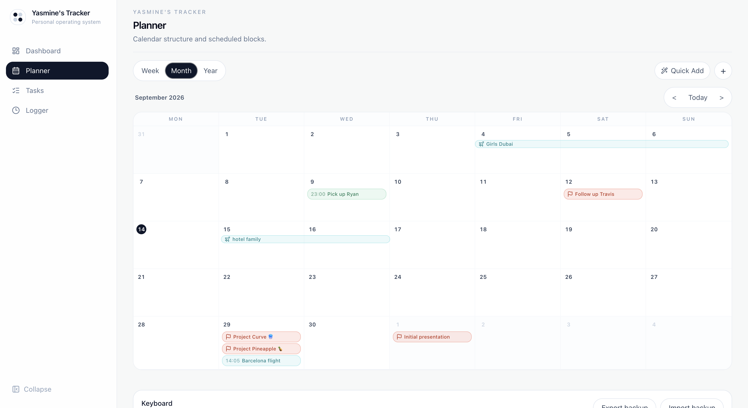 Task Tracker planner calendar interface