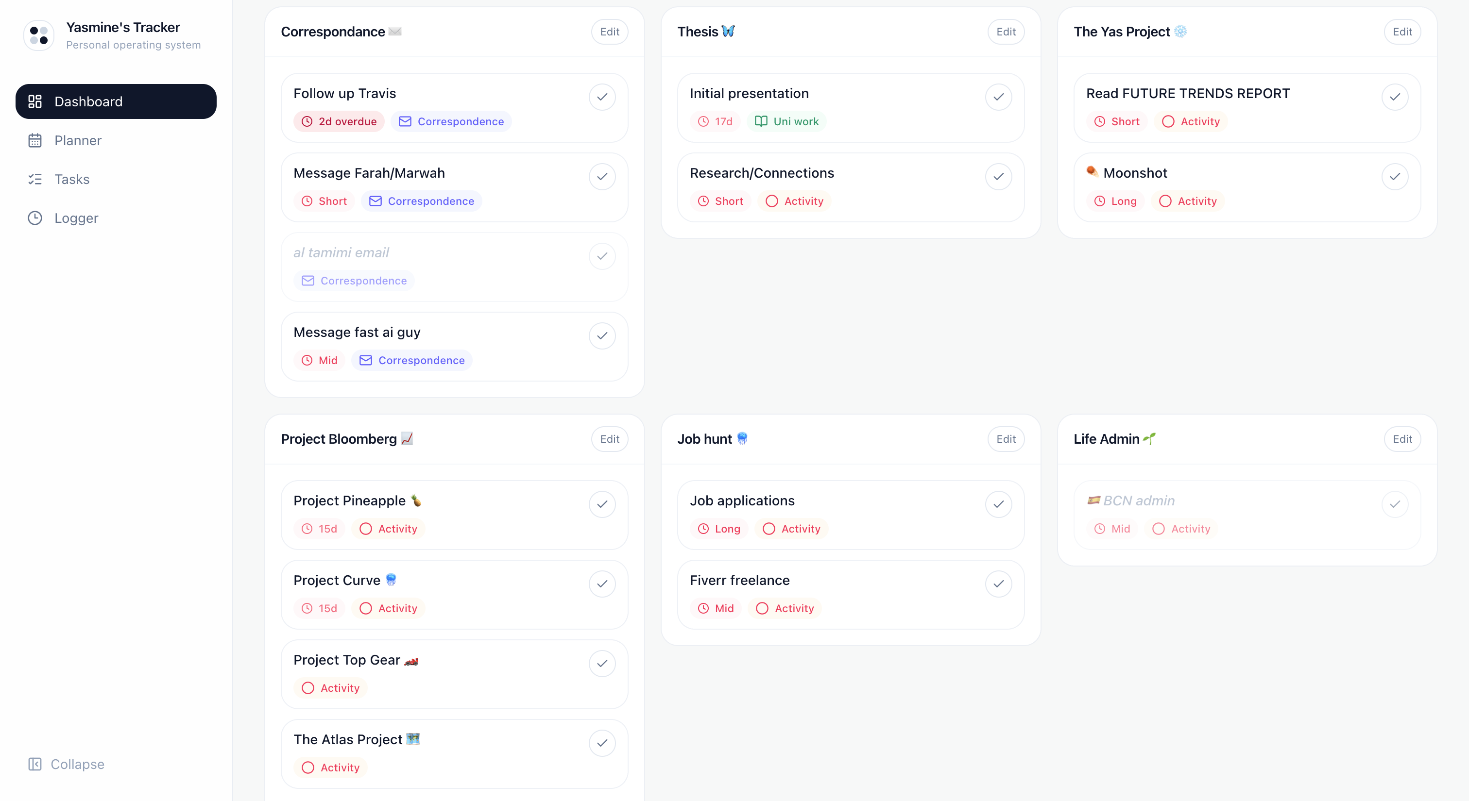 Task Tracker project organisation interface